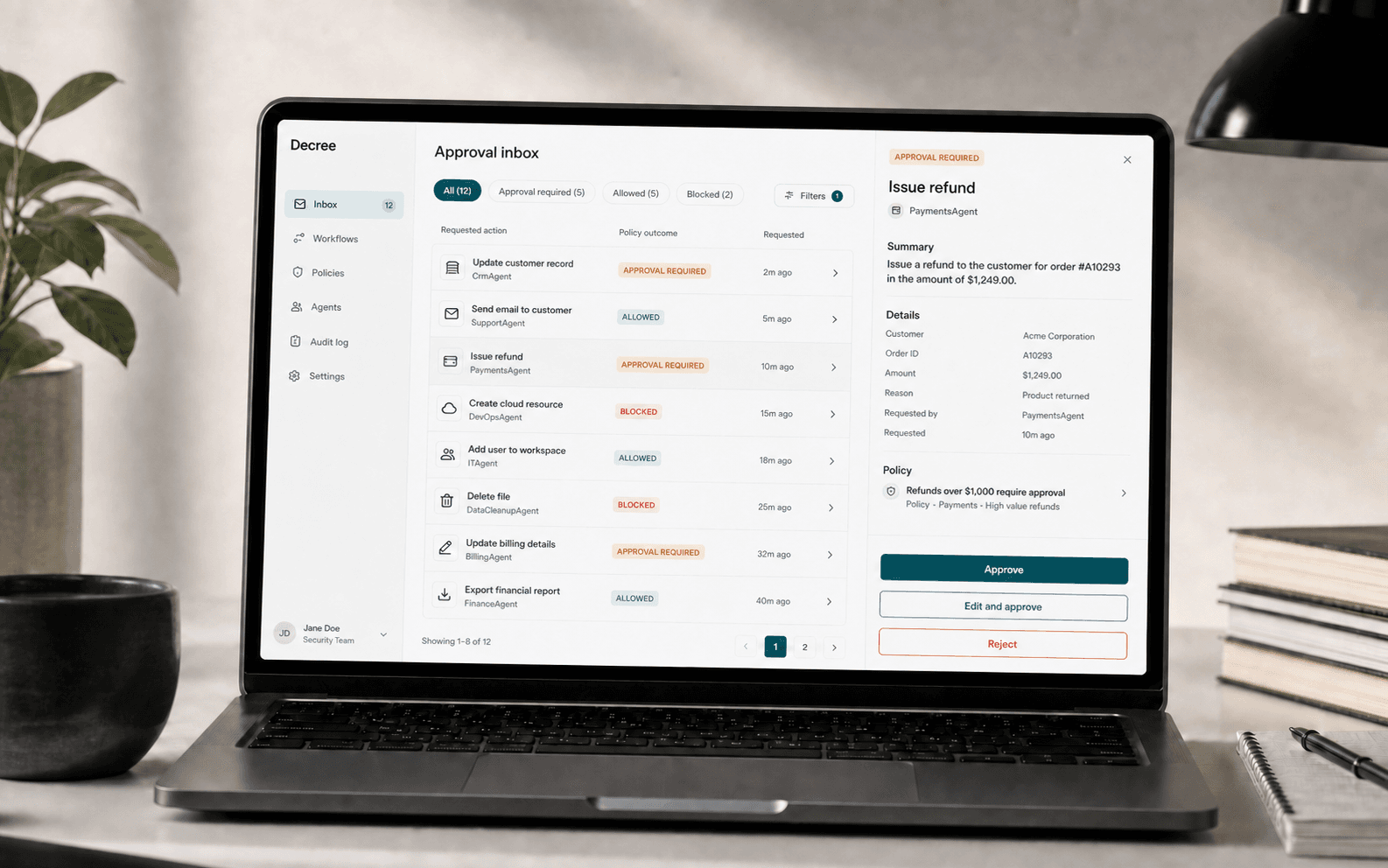 Decree approval inbox interface for reviewing pending workflow actions