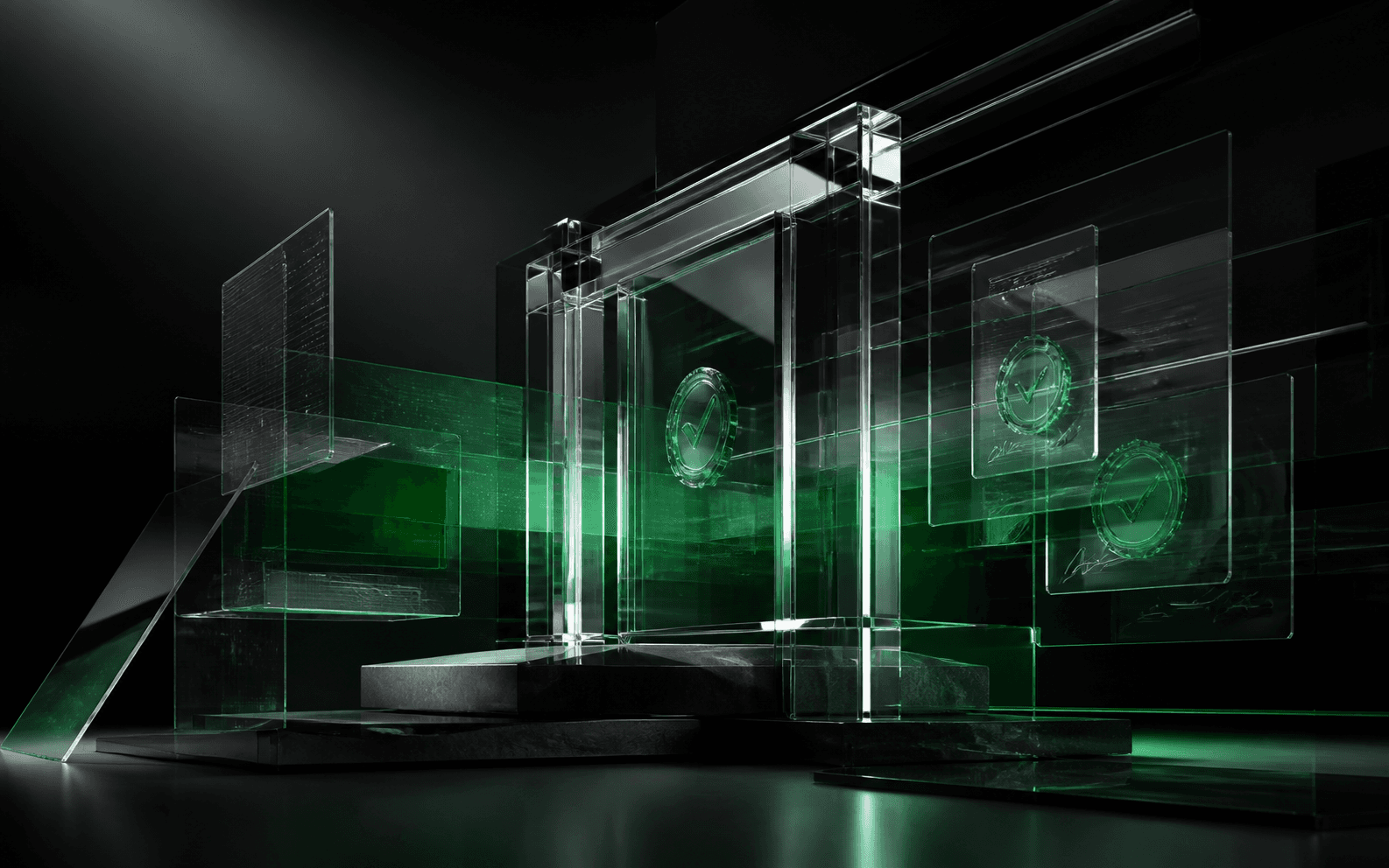 Abstract glass approval architecture with green illuminated decision panels